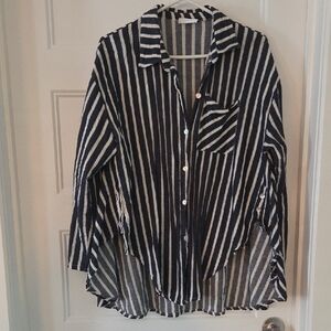 Linen Navy and White Striped Button-Up Shirt